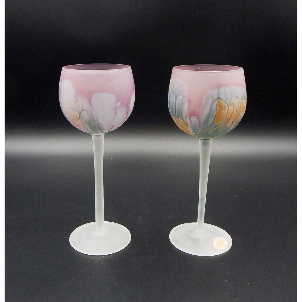 Rueven Art Nouveau Watercolor Glass Wine Glasses Pastel Liqueur Pair Candle